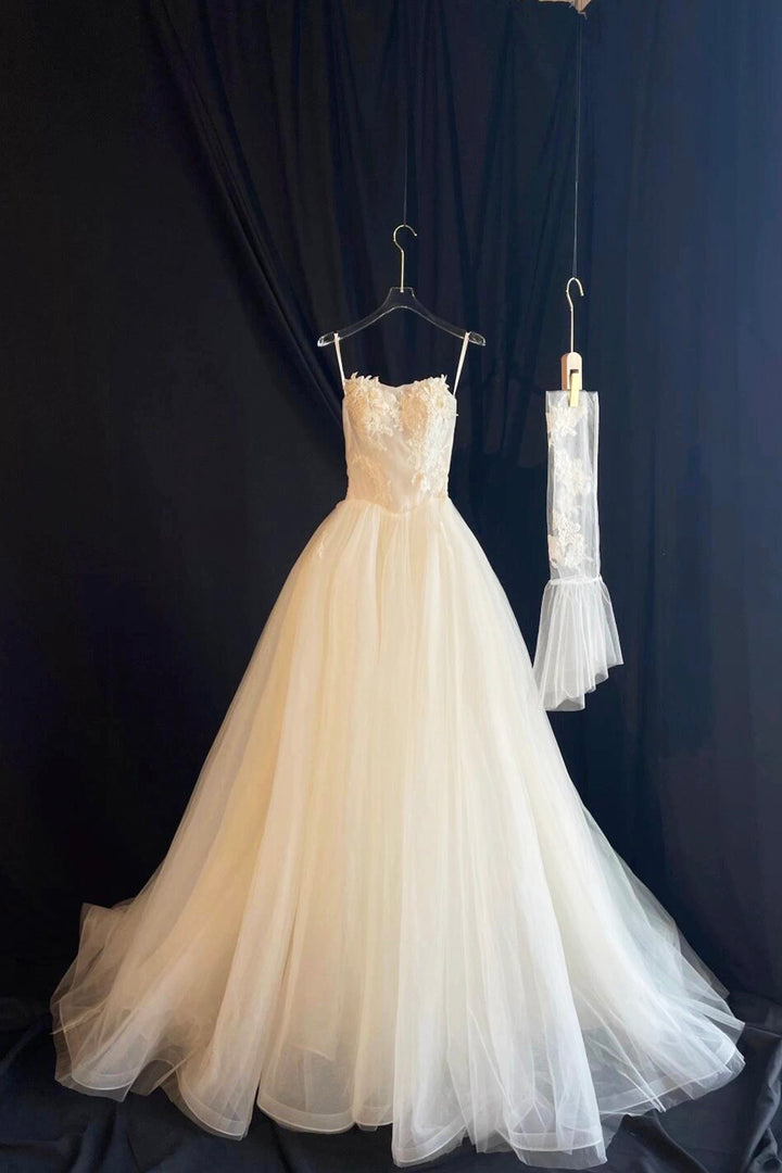 Luolandi Champagne Tulle Lace Long Prom Dress Elegant Spaghetti Strap Evening Party Dress Wedding Dress