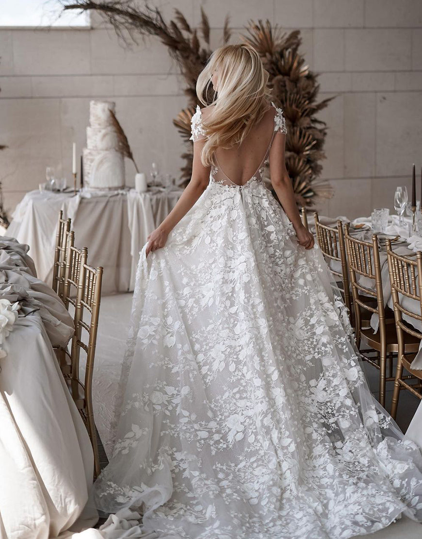 Luolandi A-Line V-Neck Cap Sleeves Wedding Dress with Sweep Train Open Back Beautiful