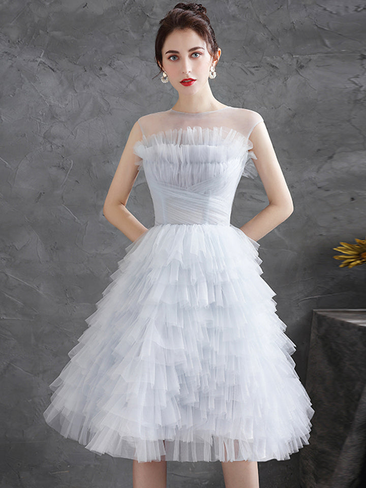 Luolandi Light Gray Tulle Round Neck Party Dresses Lovely Knee-Length Prom Dresses Homecoming Dresses