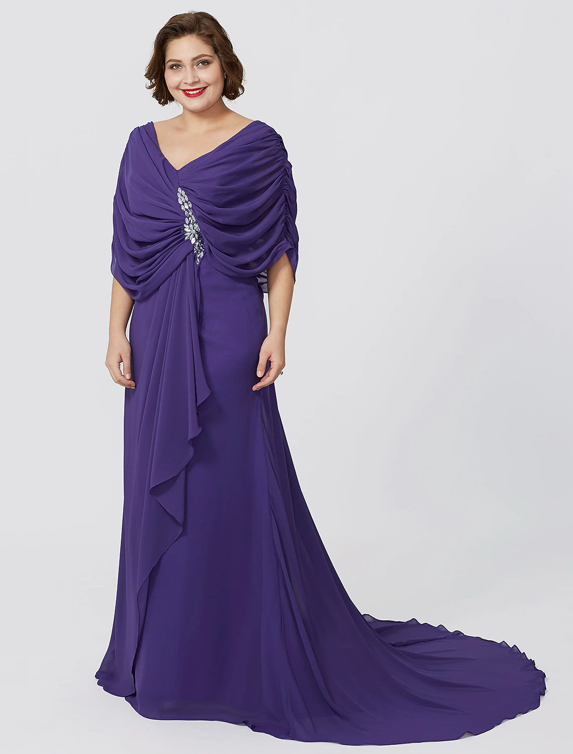 Luolandi Sheath / Column Mother of the Bride Dress Formal Classic & Timeless Elegant & Luxurious Plus Size V Neck Sweep / Brush Train Floor Length Chiffon Short Sleeve