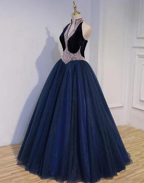 Luolandi Gorgeous Navy Blue Tulle and Velvet with Light Pink Pearls Prom Gown Party Dresses Elegant Evening Dress