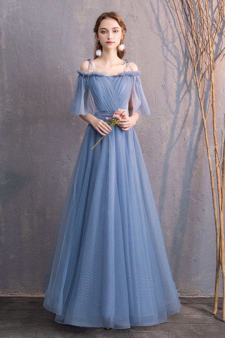 Luolandi Blue Tulle Long Prom Dresses, A-Line Bridesmaid Dresses Floor Length