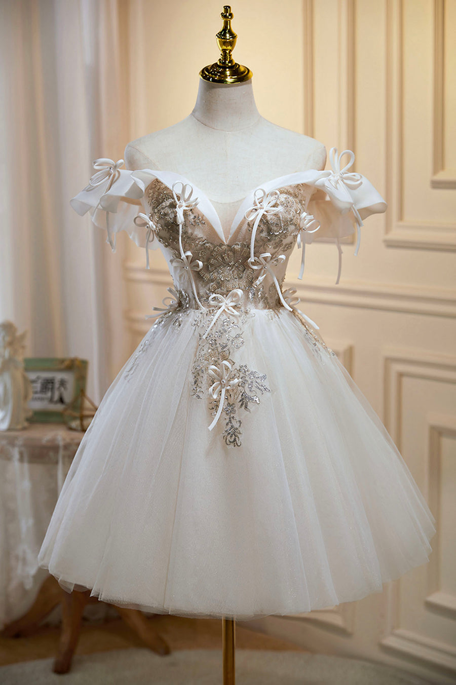 Luolandi Champagne Lace Short Prom Dress A-Line Homecoming Party Dress Short