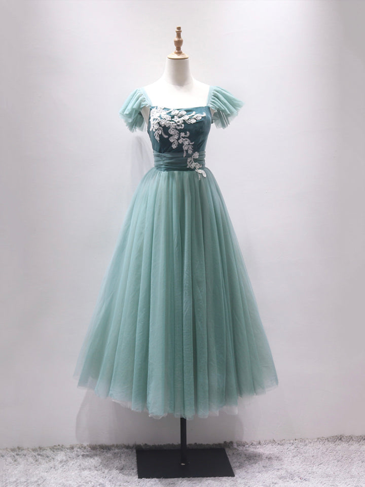Luolandi Green Velvet Tulle Tea Length Prom Dress Cute A-Line Party Dress with Lace Homecoming Dresses