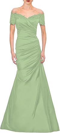 Luolandi Mermaid Mother of The Bride Dress Wedding Guest Elegant Vintage Off Shoulder V Neck Satin with Lace Ruched Floor Length