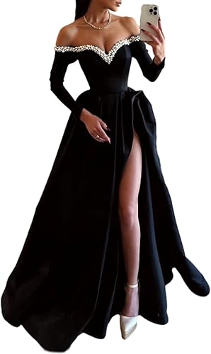 Luolandi A-Line Sexy Evening Dress Formal Prom Dress Sweep/Brush Train Long Sleeve Off Shoulder Satin with Pearls And Slit