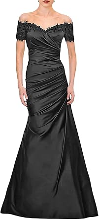 Luolandi Mermaid Mother of The Bride Dress Wedding Guest Elegant Vintage Off Shoulder V Neck Satin with Lace Ruched Floor Length