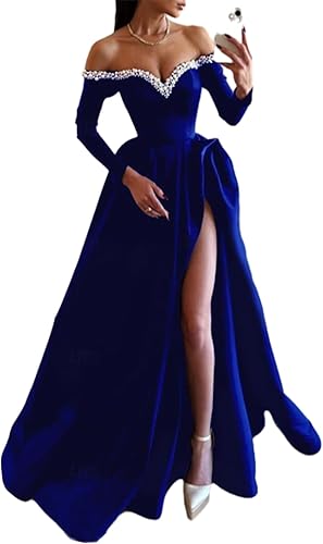 Luolandi A-Line Sexy Evening Dress Formal Prom Dress Sweep/Brush Train Long Sleeve Off Shoulder Satin with Pearls And Slit