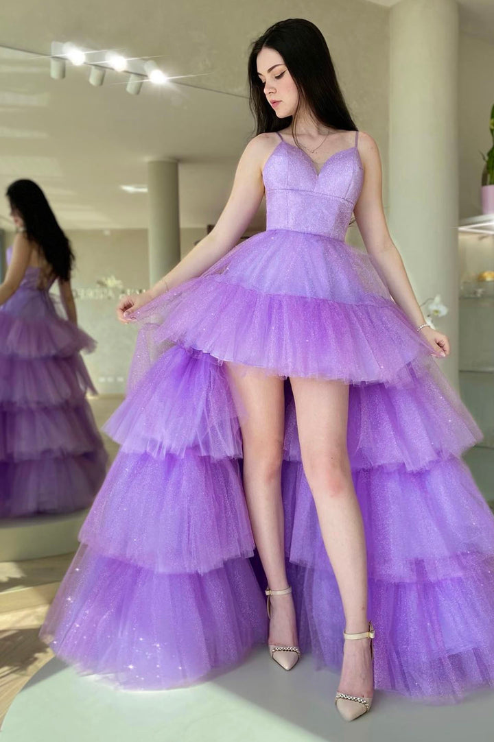 Luolandi Purple Layers Tulle High Low Prom Dress Cute A-line Party Dress Sexy