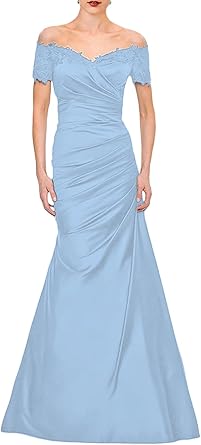 Luolandi Mermaid Mother of The Bride Dress Wedding Guest Elegant Vintage Off Shoulder V Neck Satin with Lace Ruched Floor Length
