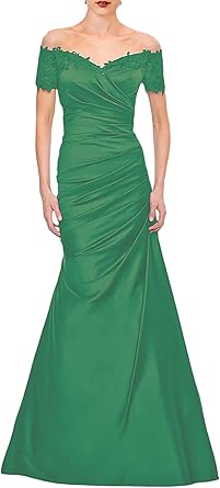 Luolandi Mermaid Mother of The Bride Dress Wedding Guest Elegant Vintage Off Shoulder V Neck Satin with Lace Ruched Floor Length