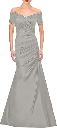 Luolandi Mermaid Mother of The Bride Dress Wedding Guest Elegant Vintage Off Shoulder V Neck Satin with Lace Ruched Floor Length