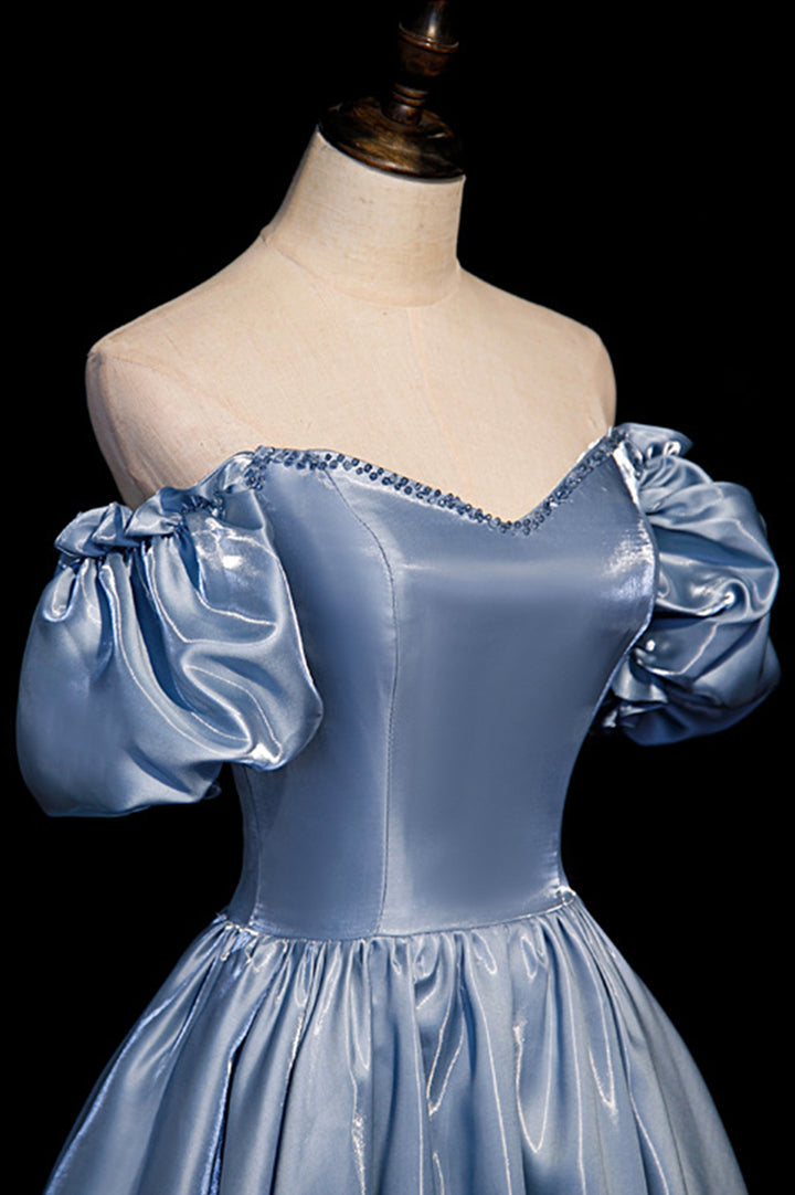 Luolandi Cute Satin Long Prom Dresses Blue Short Sleeve A-Line Evening Dresses Off Shoulder