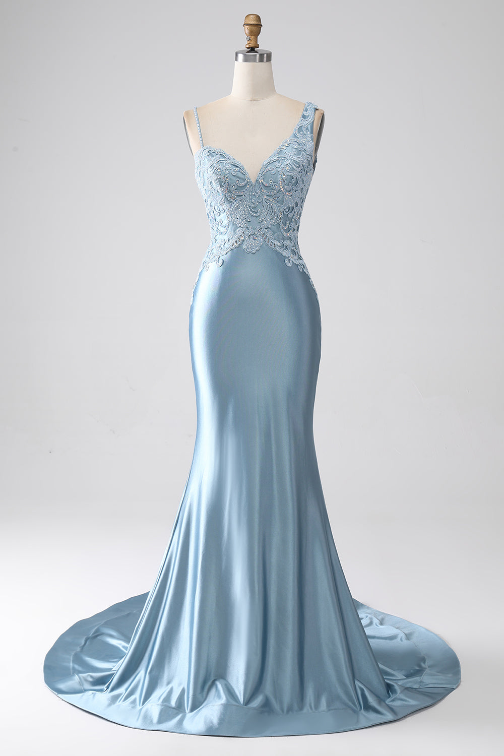 Luolandi Grey Blue Mermaid Spaghetti Straps Long Beaded Prom Dress With Appliques Sexy Evening Dresses