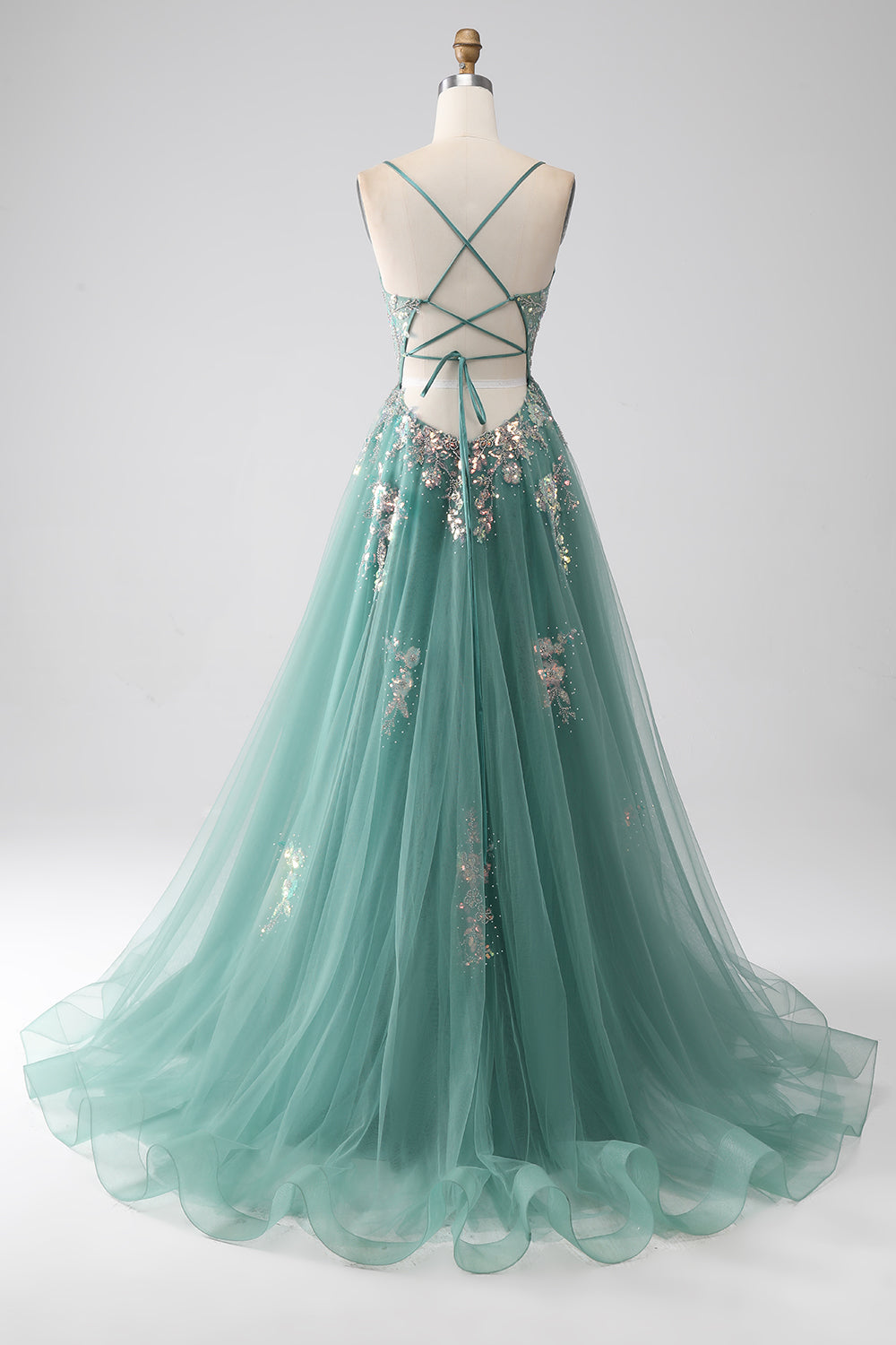 Luolandi Sparkly Green A-Line Spaghetti Straps Long Prom Dress With Sequin Appliques Sexy