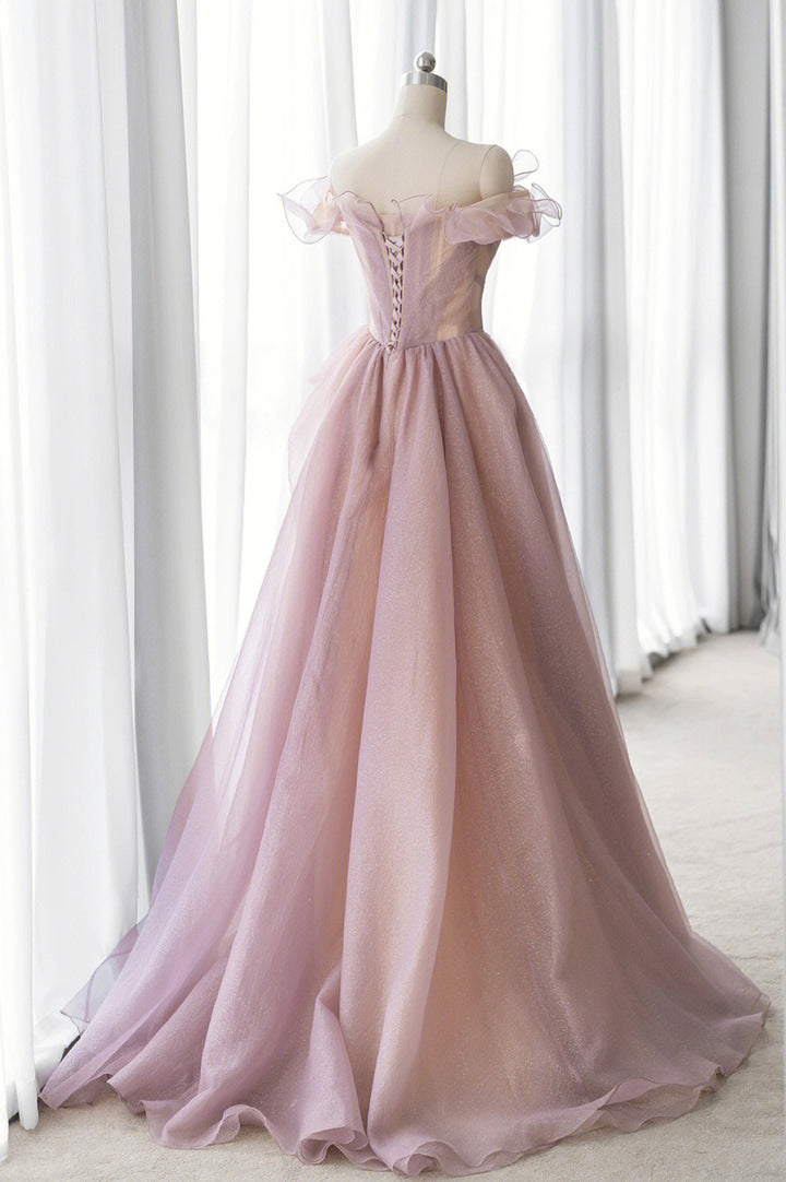 Luolandi Pink Tulle Long A-line Prom Dress Lovely Off the Shoulder Evening Dress Beautiful