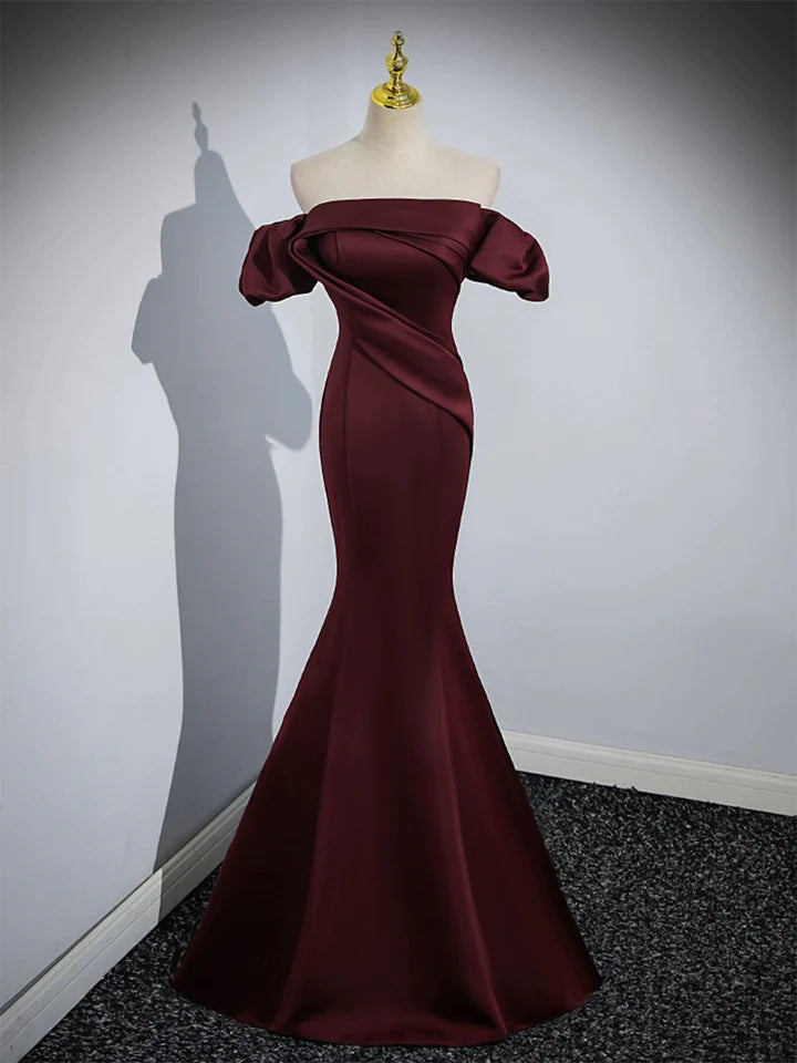 Luolandi Burgundy Satin Long Prom Dress Mermaid Off the Shoulder Evening Party Dress Sexy