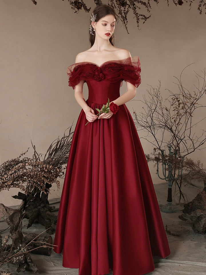 Luolandi Burgundy Satin Off the Shoulder Floor Length Prom Dress Beautiful A-Line Evening Dress Sexy