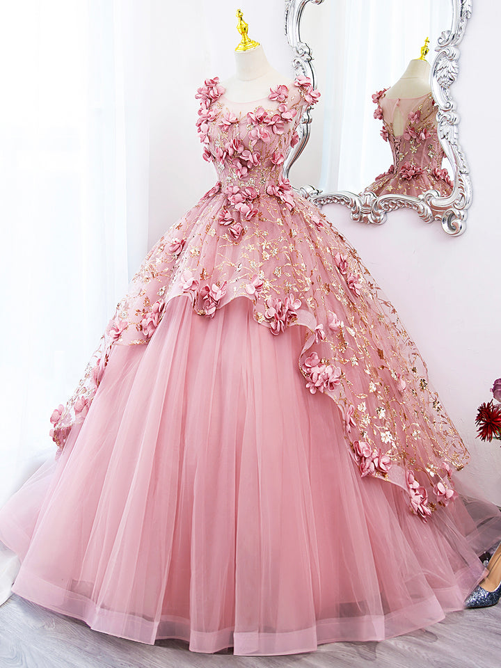 Luolandi Pink Tulle Long Prom Dress with Flowers Beautiful A-Line Sweet 16 Dress Floor Length