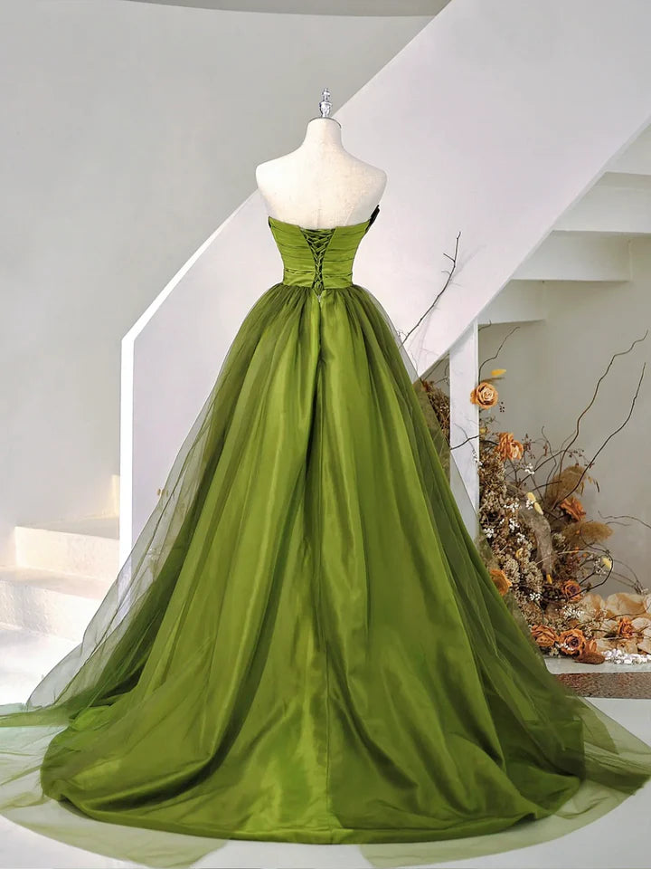 Luolandi A-Line Strapless Green Satin Tulle Sweep Train Prom Evening Dresses Off Shoulder
