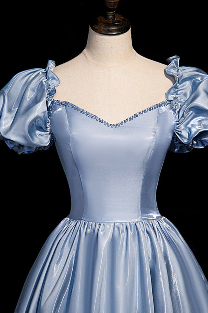 Luolandi Cute Satin Long Prom Dresses Blue Short Sleeve A-Line Evening Dresses Off Shoulder