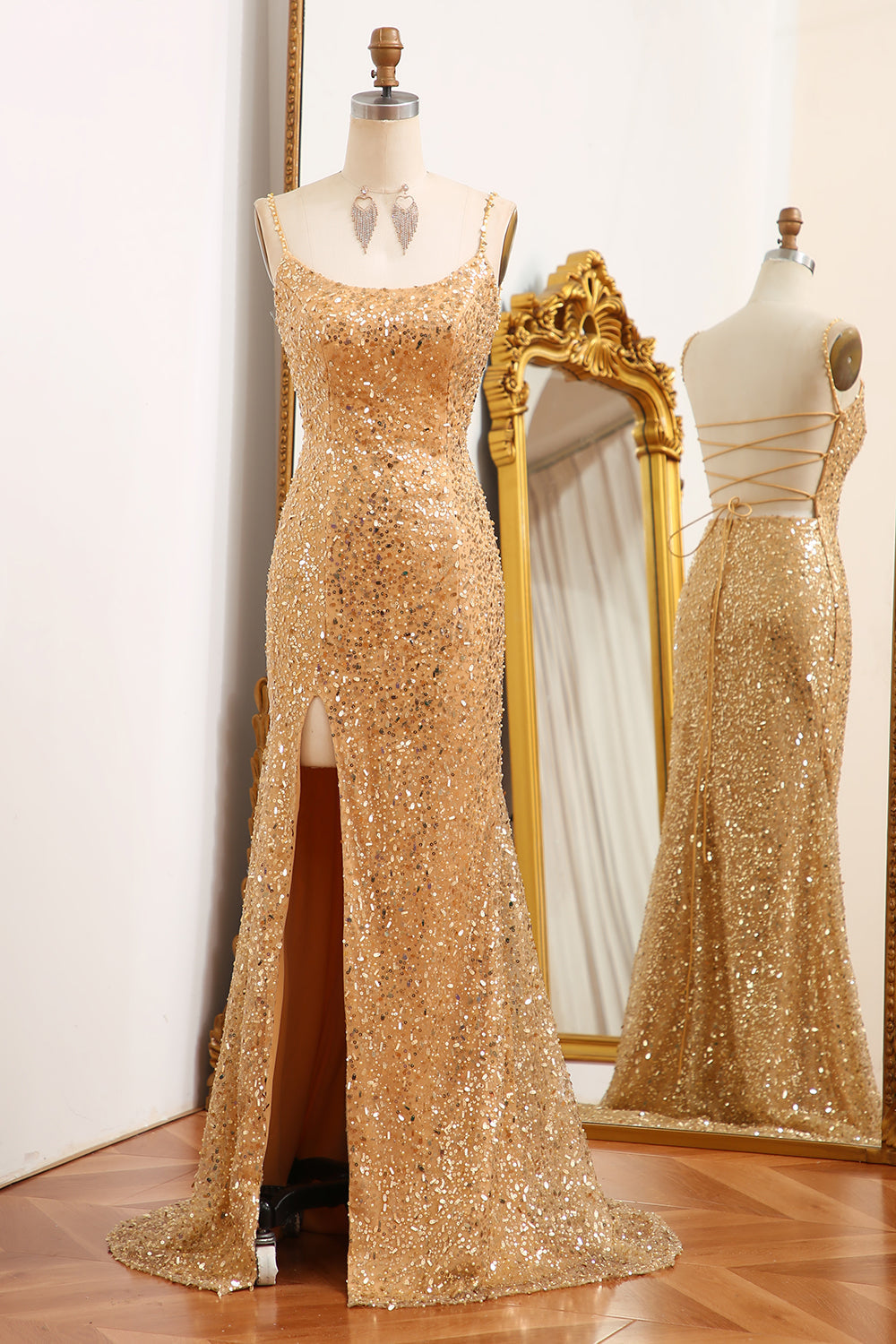 Luolandi Golden Mermaid Spaghetti Straps Sparkly Sequin Prom Dress With Slit Sexy Evening Dresses