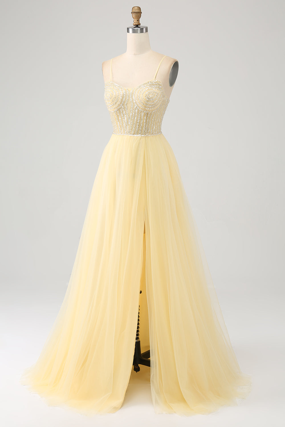 Luolandi Light Yellow A-Line Spaghetti Straps Beaded Tulle Prom Dress with Slit Floor Length Sexy