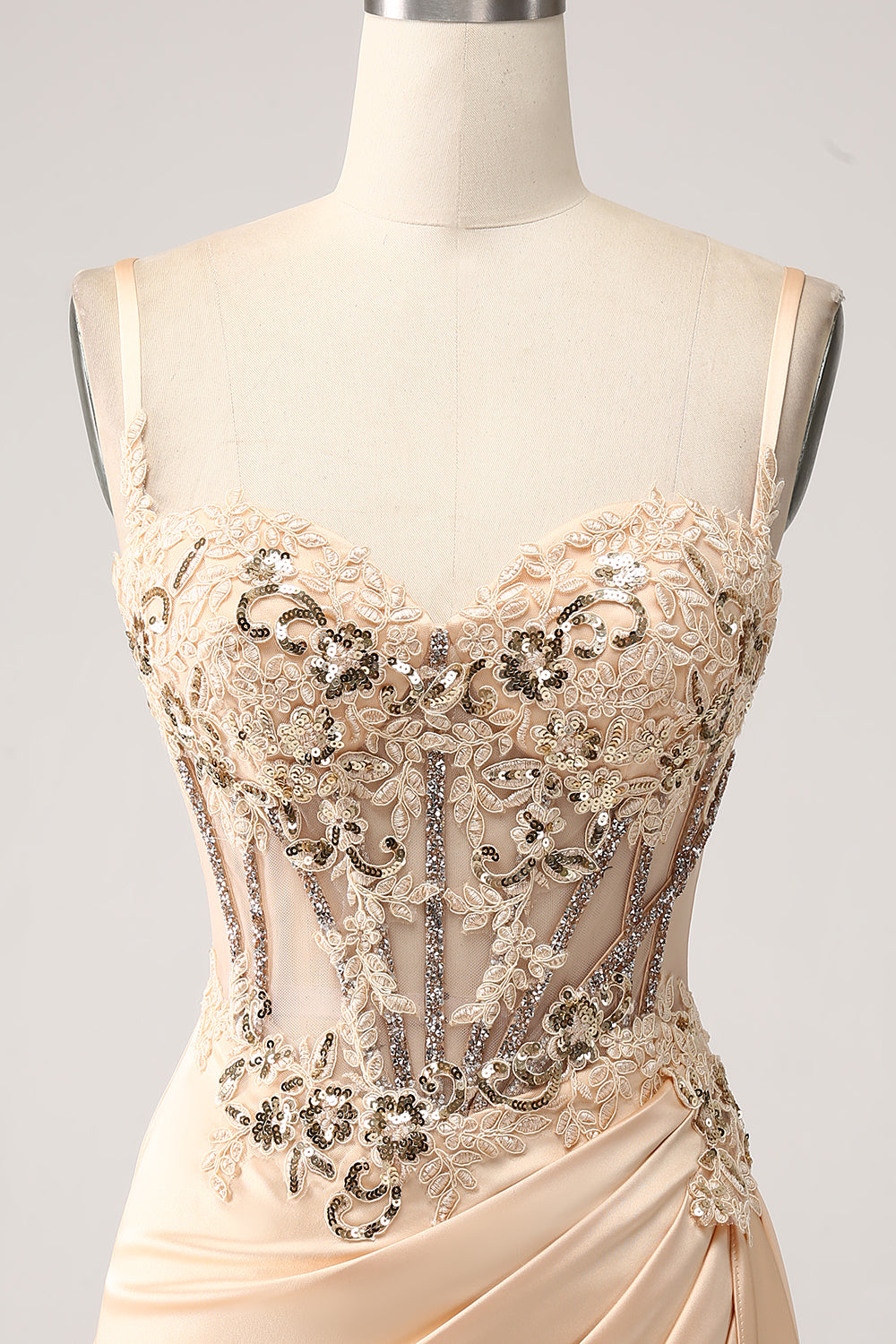 Luolandi Elegant Champagne Mermaid Pleated Satin Prom Dress With Appliques Sexy With Slit