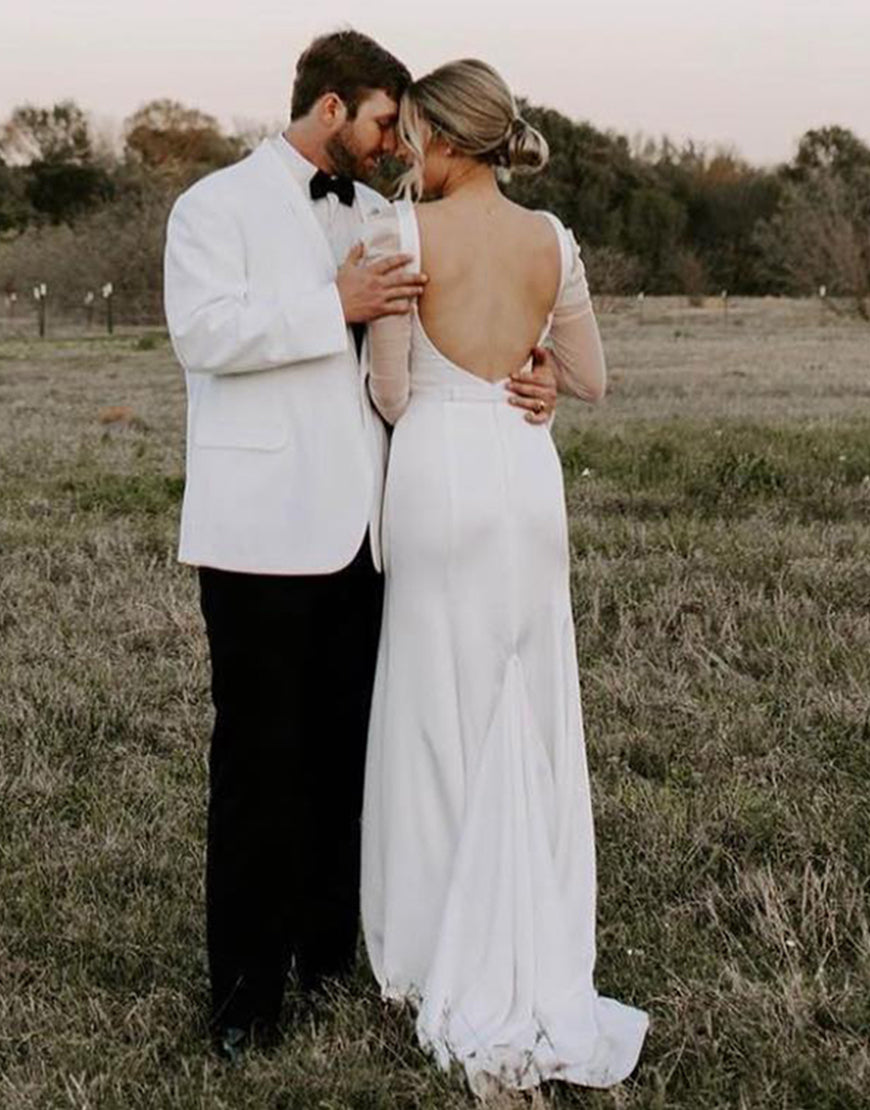 Luolandi Sheath Long Sleeves Elegant Wedding Dress Open Back Floor Length