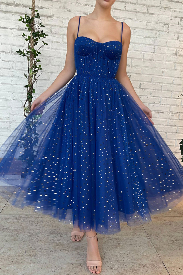 Luolandi Blue Tulle Short Prom Dresses A-Line Spaghetti Strap Evening Dresses Homecoming Dresses