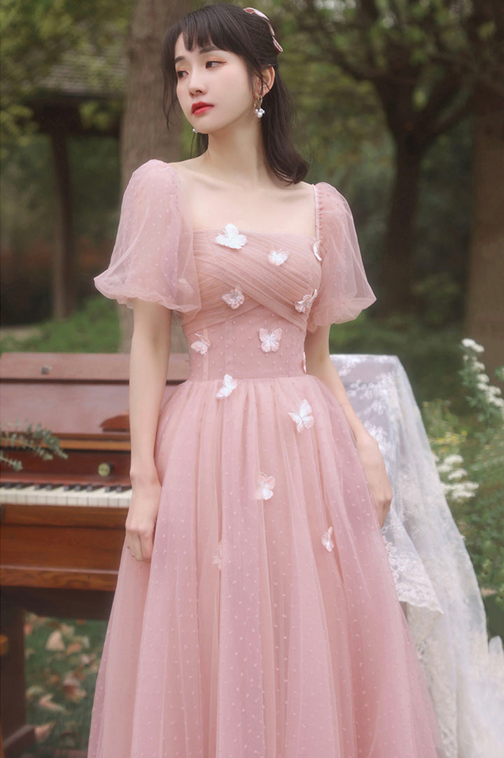 Luolandi Pink Tulle Long Prom Dresses A-Line Tulle Party Dresses With Butterfly Bridesmaid Dresses