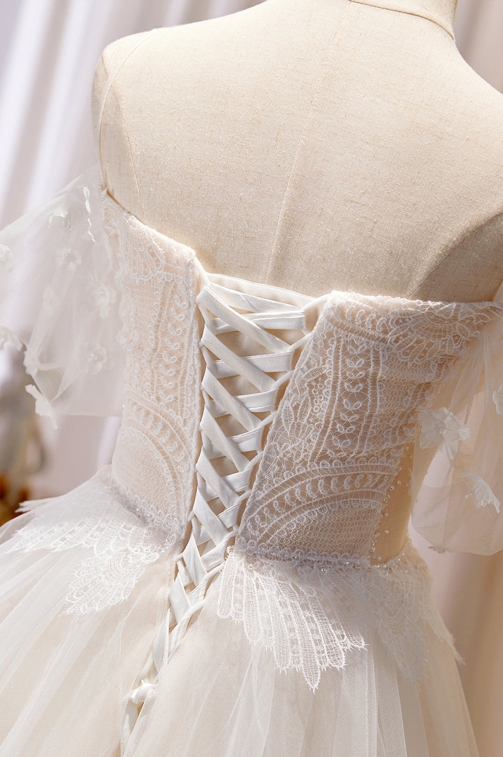 Luolandi Champagne Lace Long A-line Prom Dress Off the Shoulder Evening Dress Wedding Dress