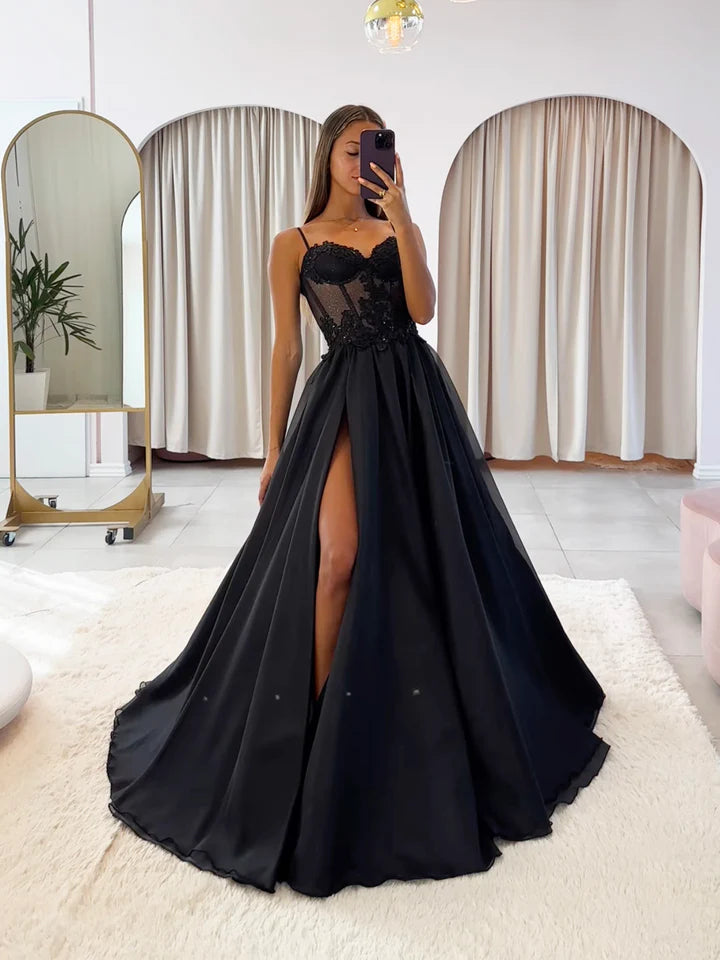 Luolandi Black Chiffon Lace Long Prom Dress Spaghetti Strap A-Line Evening Dress with Slit Sexy