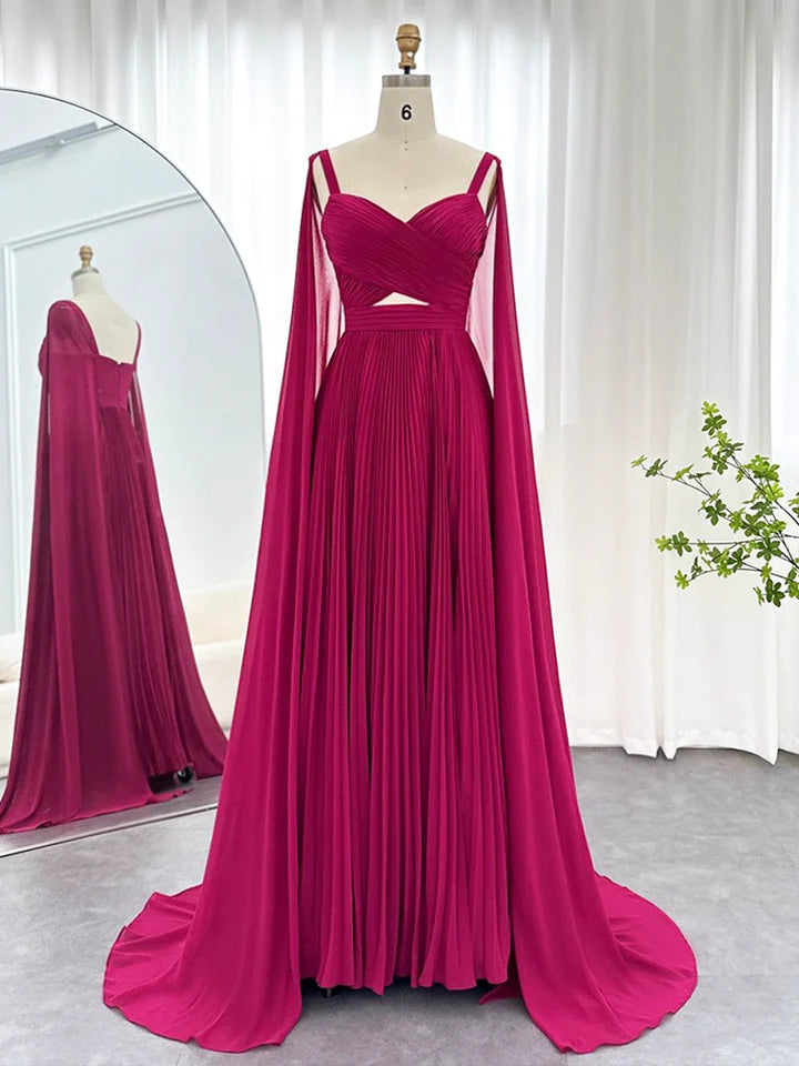 Luolandi Fuchsia Chiffon Long Evening Dresses with Cape Sleeves Elegant Spaghetti Strap V-Neck Party Formal Dresses Sexy