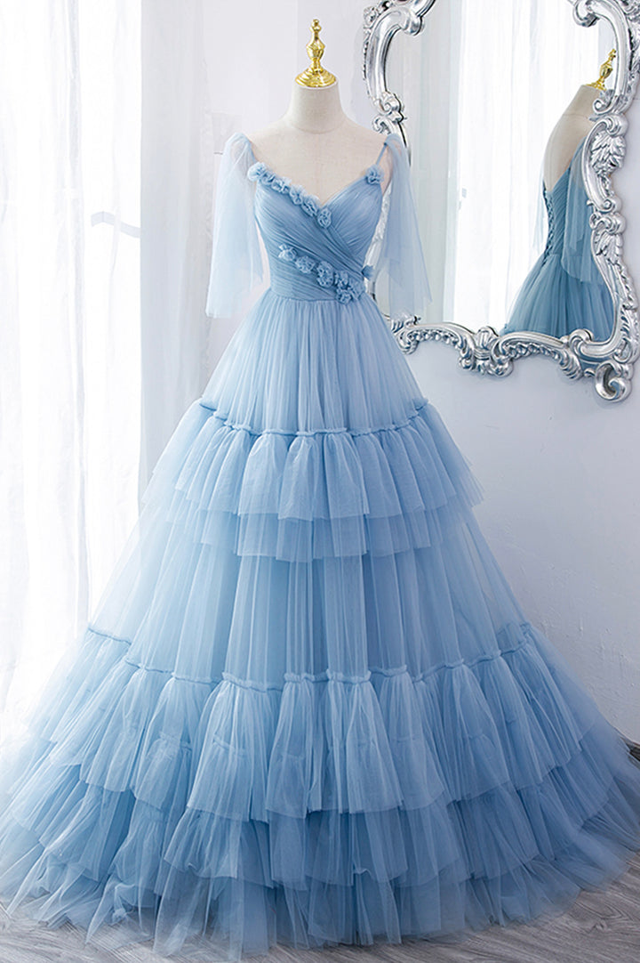 Luolandi A-Line Tulle Long Prom Dresses V-Neck Spaghetti Strap Long Princess Dresses Beautiful