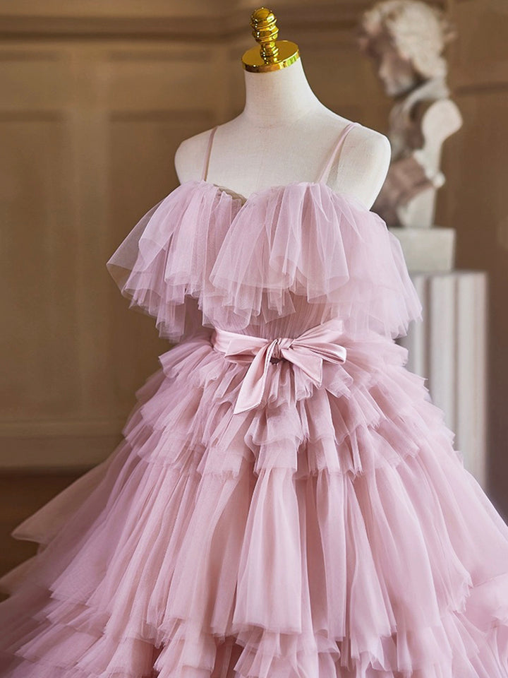 Luolandi A-Line Spaghetti Strap Layers Tulle Long Party Dress Pink Prom Dress Formal Gown Beautiful
