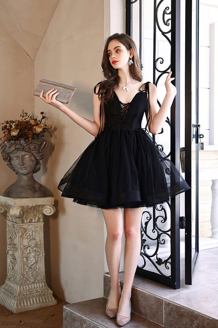 Luolandi Black Tulle Short A-Line Prom Dress Black Evening Party Dress Homecoming Dresses