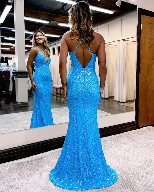 Luolandi Charming Mermaid V Neck Blue Sequins Long Prom Dresses Sparkly Evening Dress