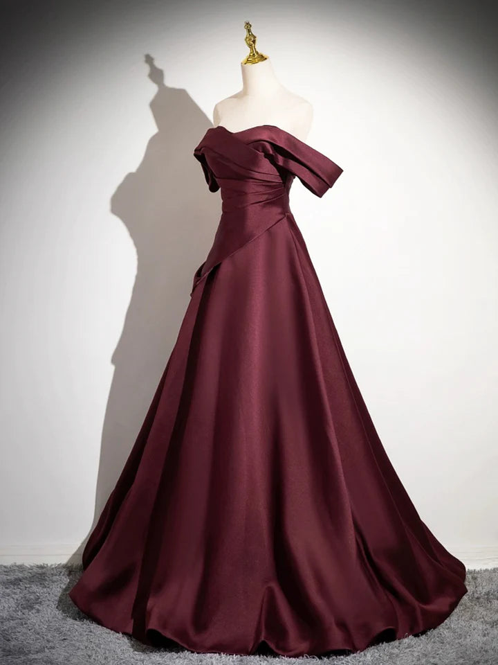 Luolandi Dark Burgundy Satin Long Prom Dress A-Line Off the Shoulder Evening Party Dress Sexy