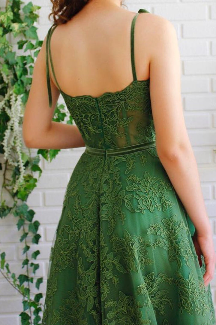 Luolandi Green Spaghetti Lace Long Formal Dress A-Line Green Prom Dress Floor Length