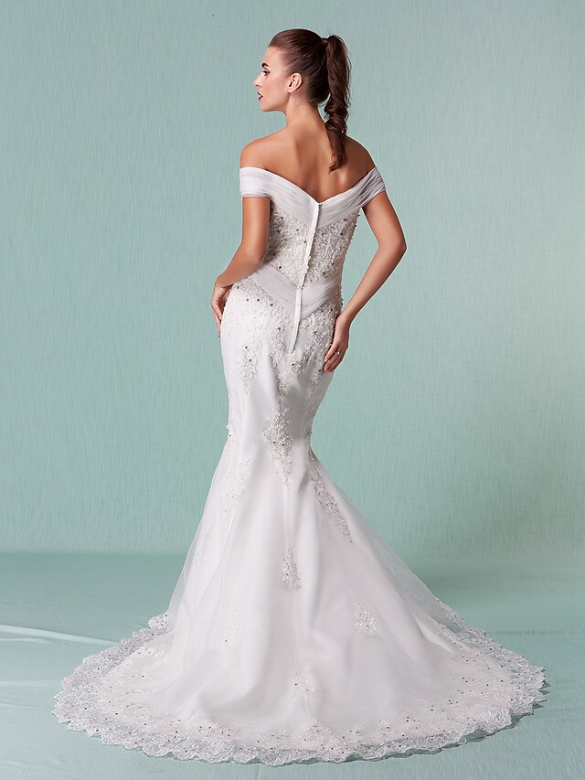 Luolandi Wedding Dresses Off Shoulder Chapel Train Organza Short Sleeve with Beading Appliques Crystal