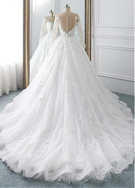 Luolandi A Line Wedding Dresses Long Sleeves With Applique Tulle Covered Button Sweep Train Beautiful