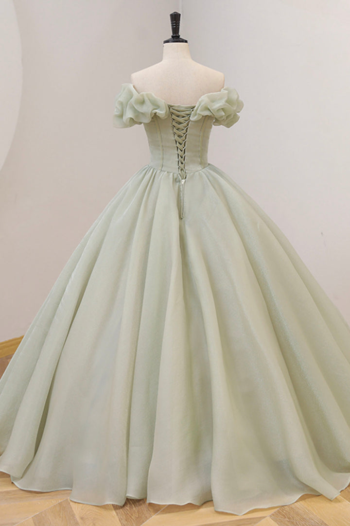 Luolandi Green Ball Gown A-Line Off the Shoulder Evening Gown with Beaded Floor Length