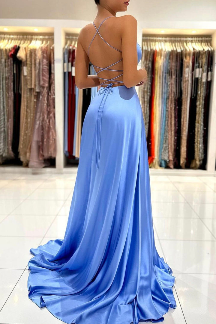 Luolandi Simple V-Neck Satin Long Prom Dress A-Line Evening Dress with Slit Sexy