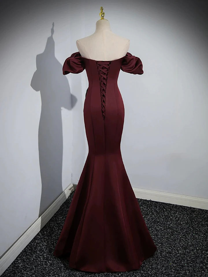 Luolandi Burgundy Satin Long Prom Dress Mermaid Off the Shoulder Evening Party Dress Sexy