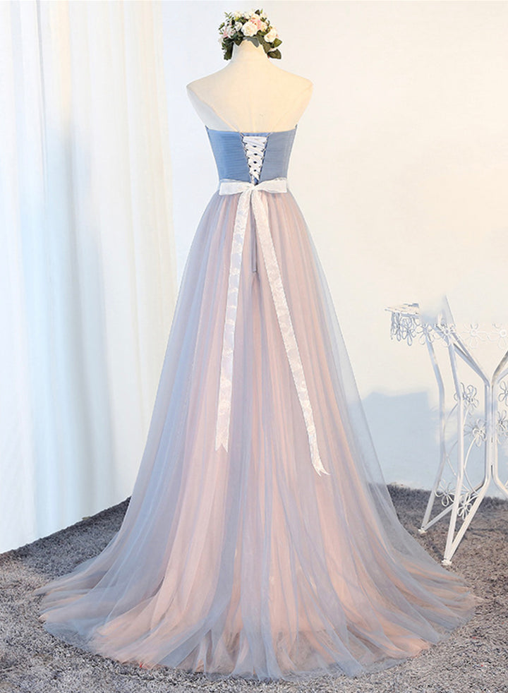 Luolandi Blue Tulle Long Prom Dresses A-Line Strapless Evening Dresses Off Shoulder
