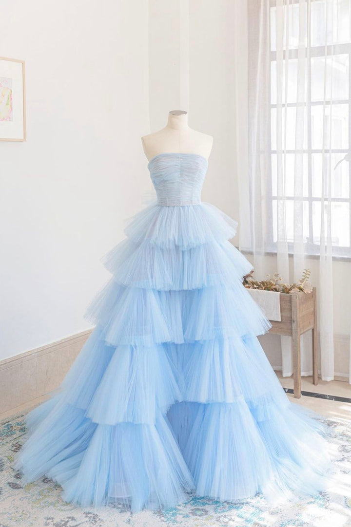 Luolandi Blue Layers Tulle Long Prom Dresses A-Line Strapless Evening Dresses Off Shoulder
