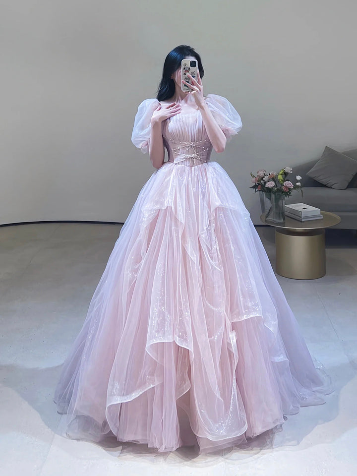 Luolandi Pink Tulle Off Shoulder Long Formal Dress Beautiful A-Line Pink Prom Dress Floor Length