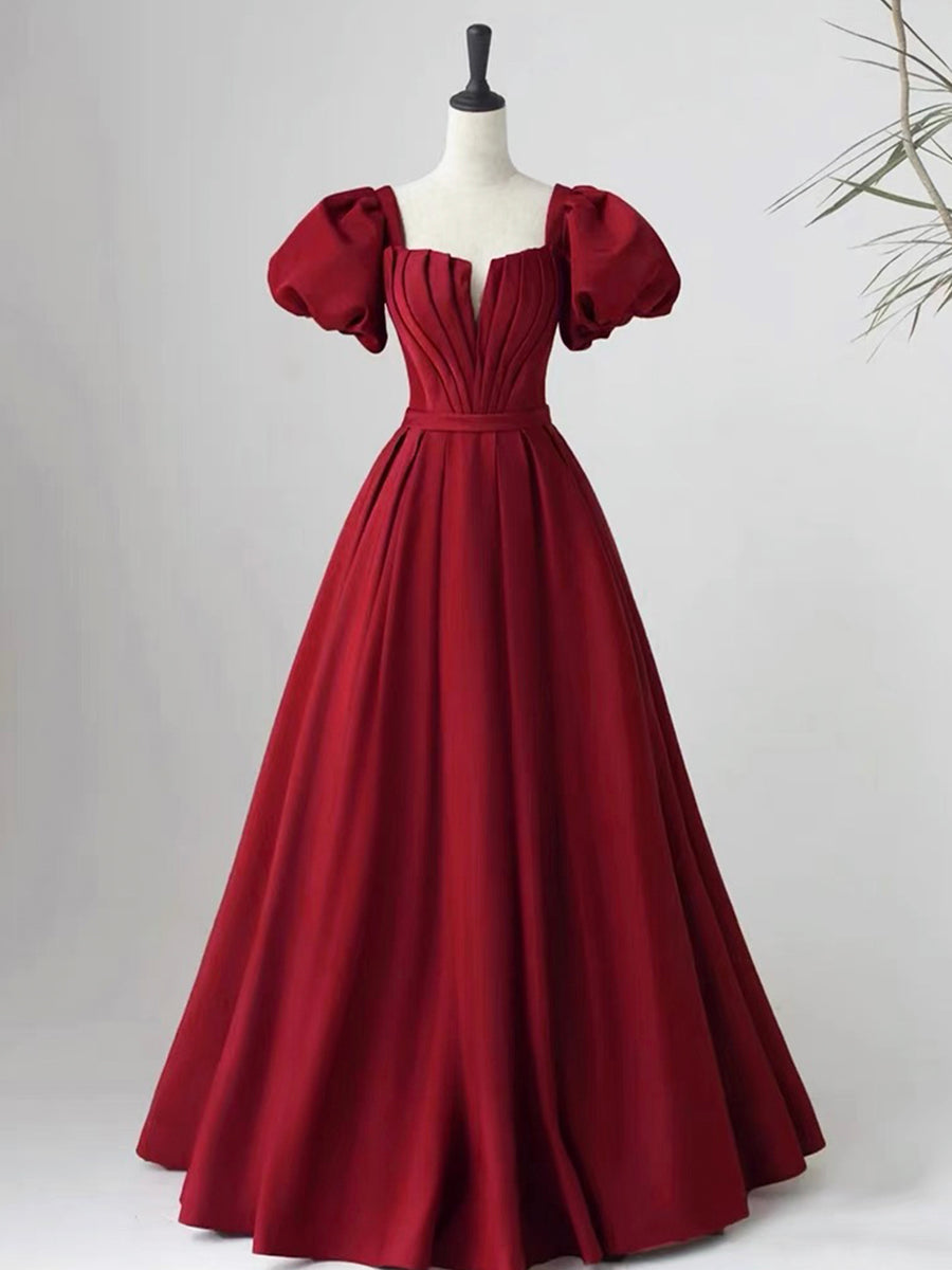 Luolandi Lovely Satin Floor Length Short Sleeves Party Dress A-Line Evening Party Dress Burgundy