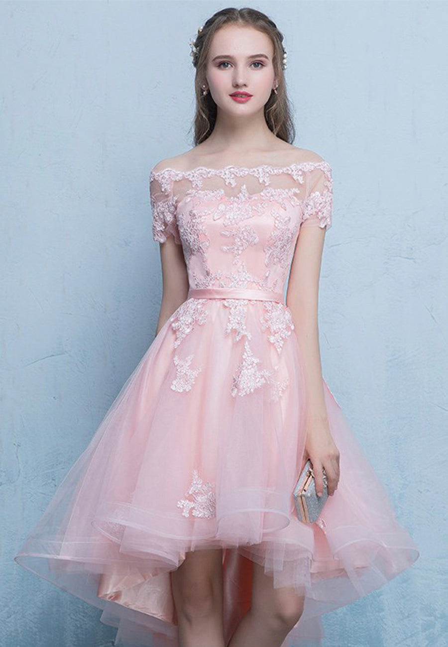 Luolandi Pink Tulle Lace Short Prom Dress High Low Evening Party Dress Beautiful